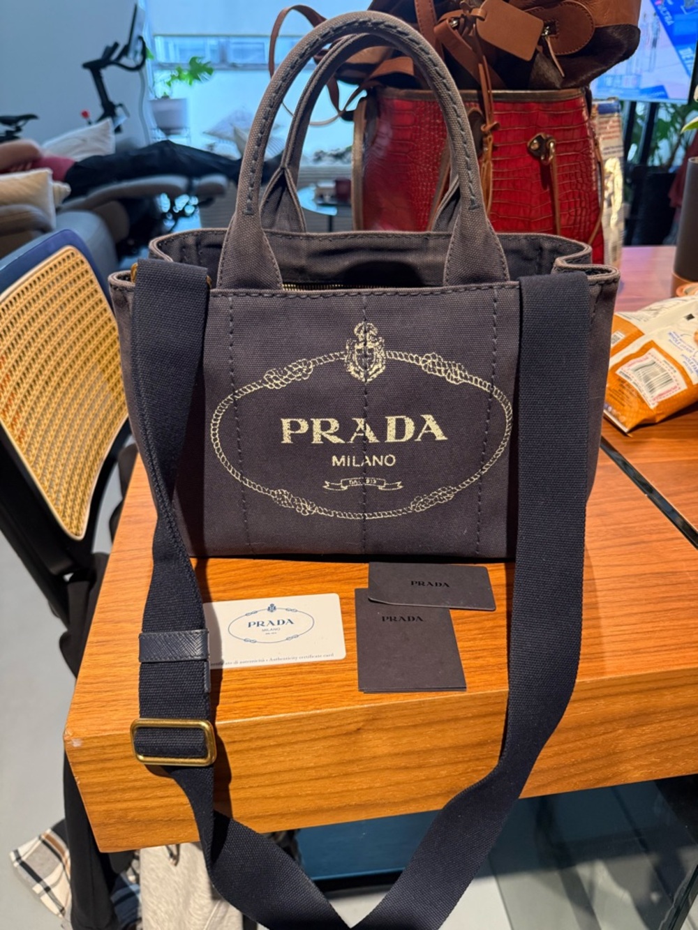 Prada Black Canvas Mini Tote with Gold Logo Print - Picture 4 of 5